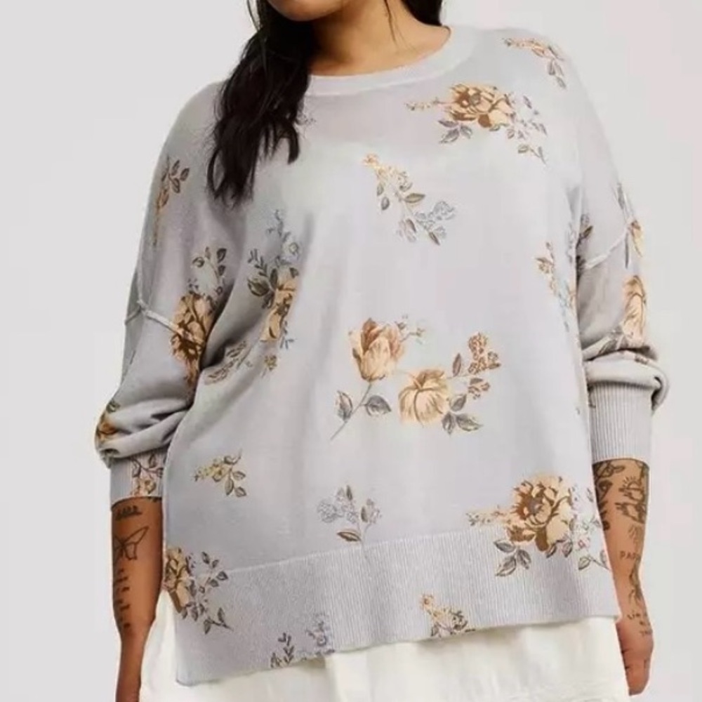 NWT Torrid Oversized Drop Shoulder Tunic Sweater Grey Floral Size 2X